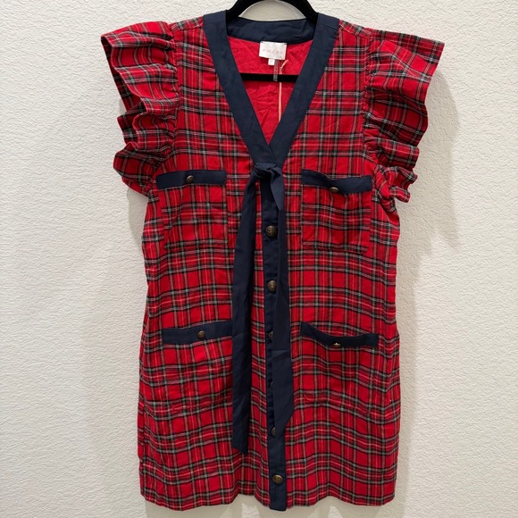 entro Dresses & Skirts - Entro Red Plaid Ruffle Sleeve Mini Dress Navy Bow Accent Gold Button Front L